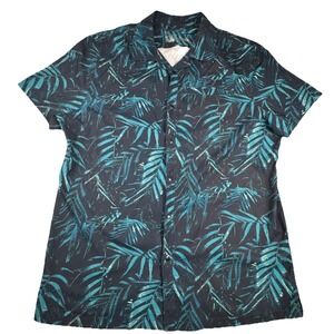 All In‎ Motion Shirt Tropical Palm Leaf Snap Front Recycled Polyester Large Teal
